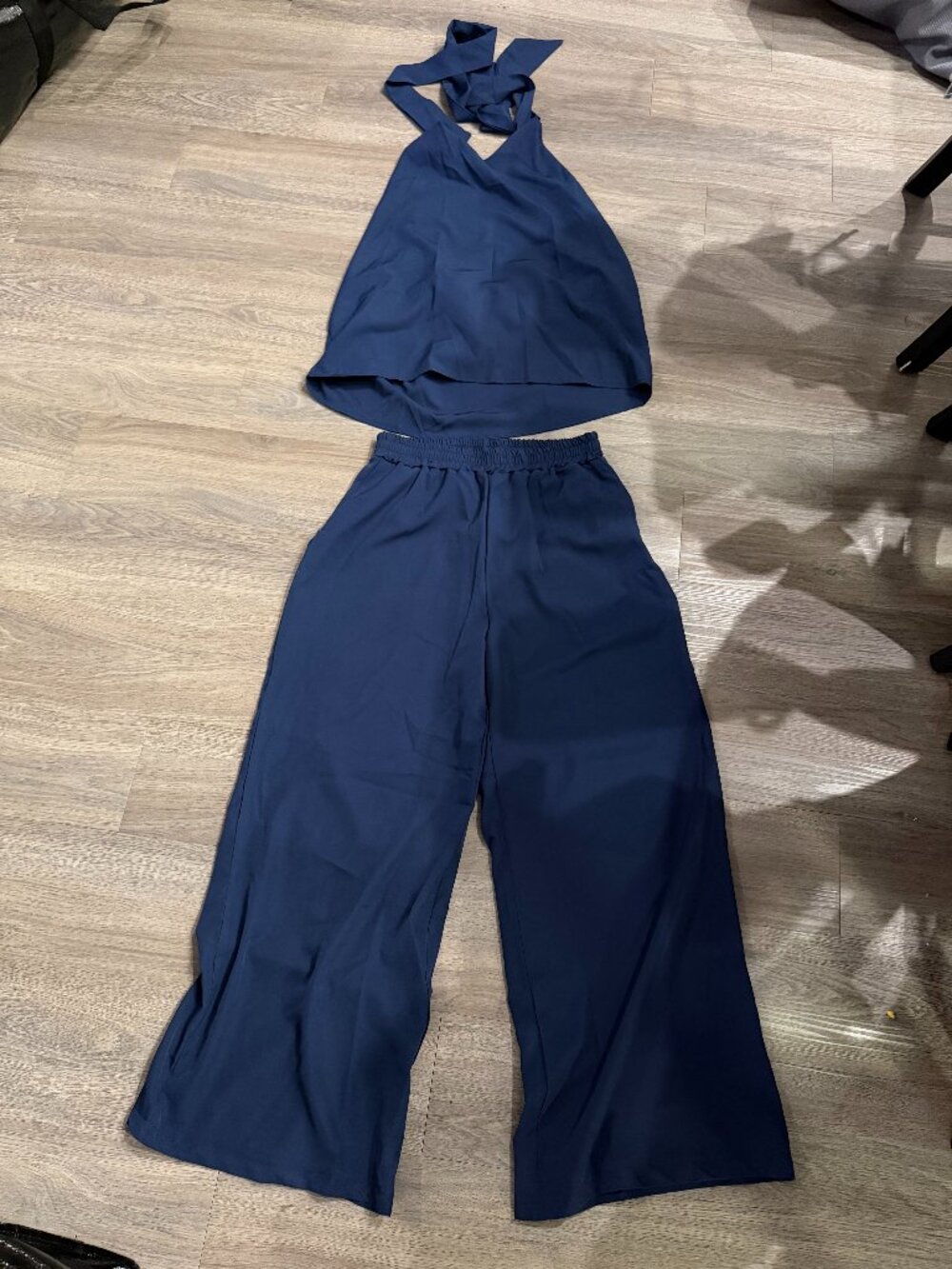 Navy Blue Halter Tie Neck Top & Wide Leg Pants 2-Piece Set